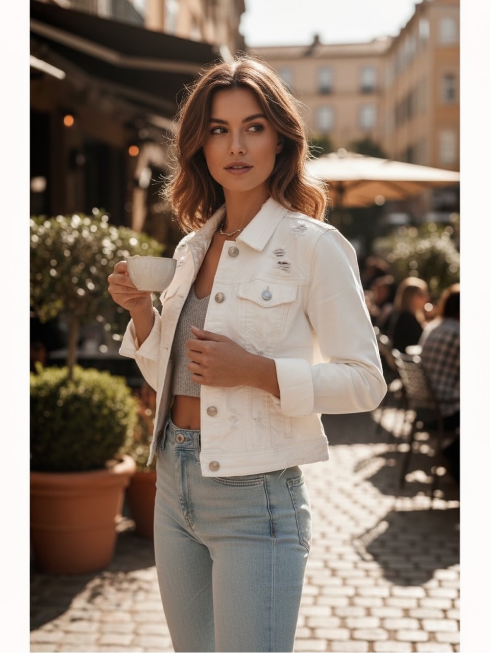 American Eagle cotton blend cream color distressed denim jean jacket size small